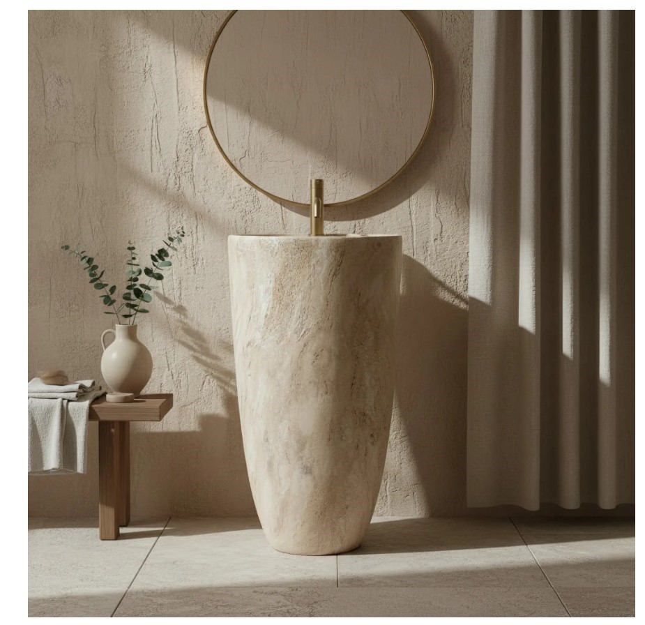 wolnostojąca umywalka”, „imitacja kamienia”, „nowoczesny design łazienki”, „ceramika sanitarna”, „umywalka w formie postumentu”, „naturalne wykończeni