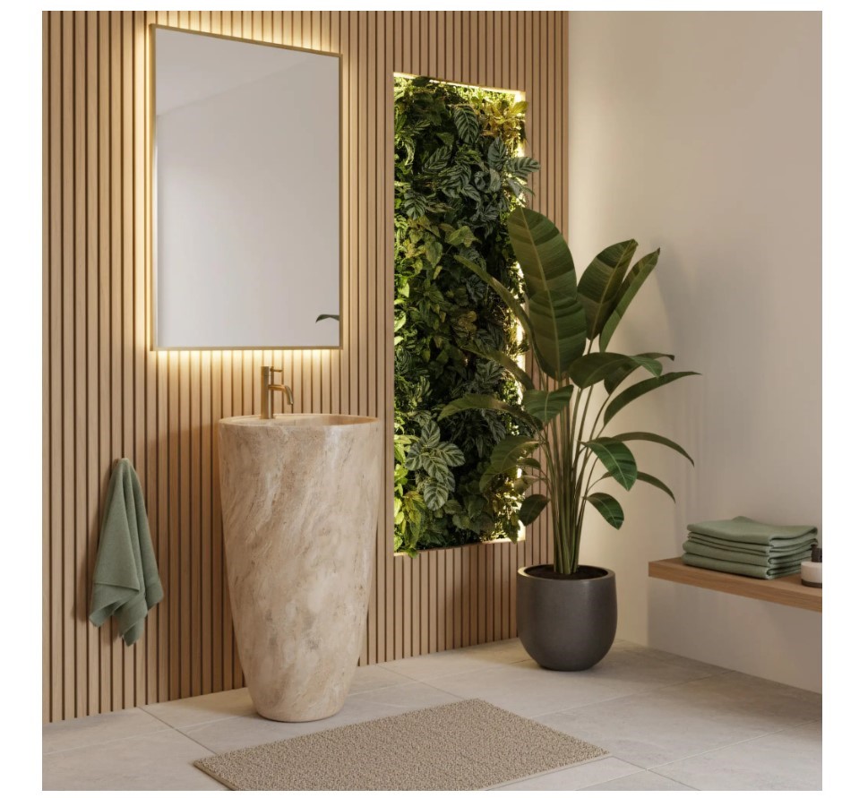 wolnostojąca umywalka”, „imitacja kamienia”, „nowoczesny design łazienki”, „ceramika sanitarna”, „umywalka w formie postumentu”, „naturalne wykończeni