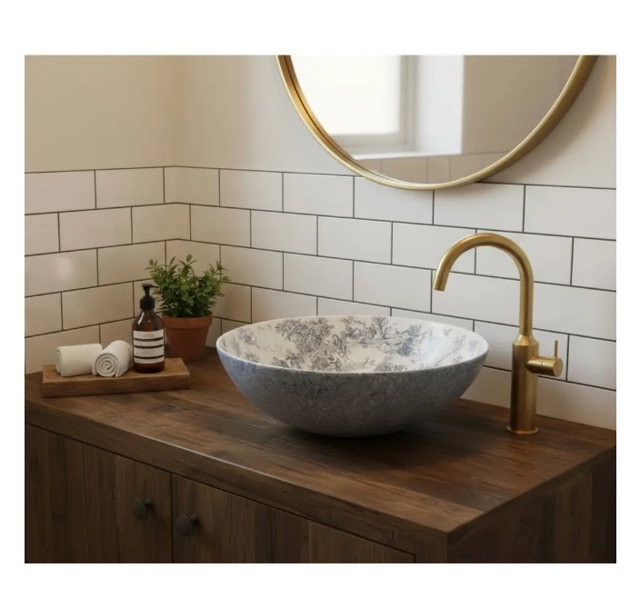 umywalka nablatowa”, „nowoczesny design łazienki”, „ceramika sanitarna”, „wzór w kolorze niebieskim”, „minimalistyczny styl”, „funkcjonalna umywalka”