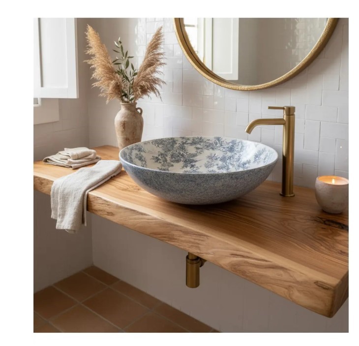 umywalka nablatowa”, „nowoczesny design łazienki”, „ceramika sanitarna”, „wzór w kolorze niebieskim”, „minimalistyczny styl”, „funkcjonalna umywalka”