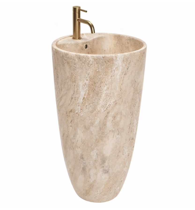 wolnostojąca umywalka”, „imitacja kamienia”, „nowoczesny design łazienki”, „ceramika sanitarna”, „umywalka w formie postumentu”, „naturalne wykończeni
