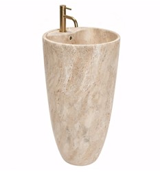 wolnostojąca umywalka”, „imitacja kamienia”, „nowoczesny design łazienki”, „ceramika sanitarna”, „umywalka w formie postumentu”, „naturalne wykończeni