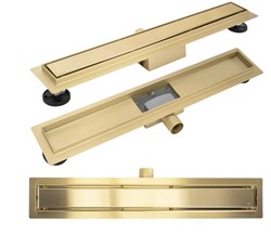 Odpływ liniowy złoty szczotkowany 100 cm Nowoczesny odpływ liniowy z maskownicą 2w1 Odpływ liniowy ze stali nierdzewnej AISI 304 Luksusowe odpływy lin
